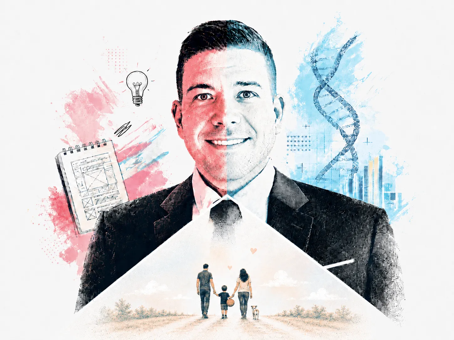 Illustrated split portrait of Dr. Jens Richter: a red, sketch-and-lightbulb left side for creative work; a blue, DNA-and-data right side for engineering; and, at the center, a warm scene of a family walking a path together.