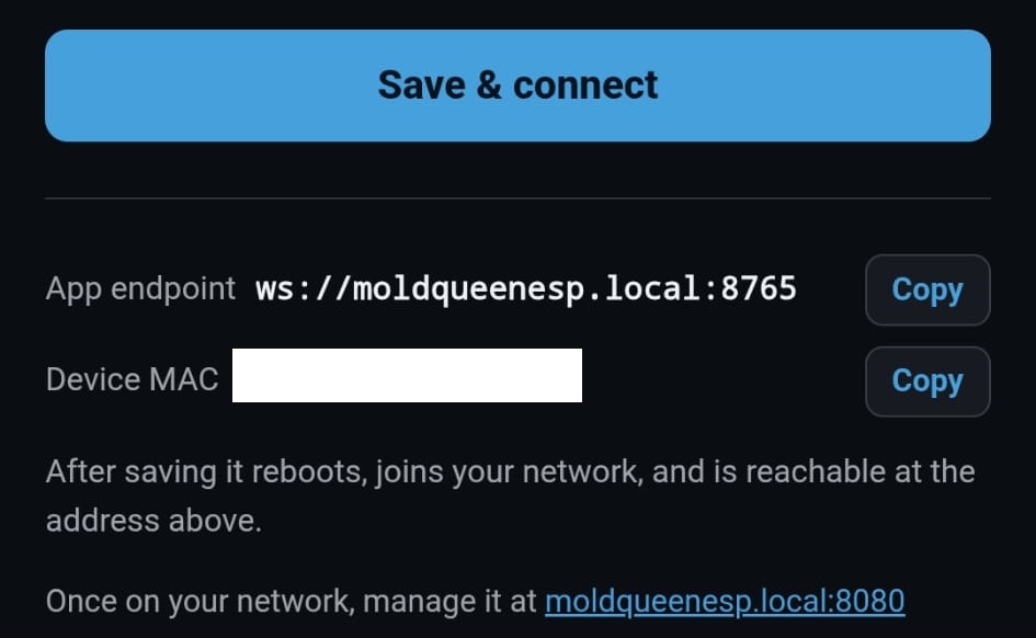 The setup page with a scanned WiFi list, password field and WebSocket port field