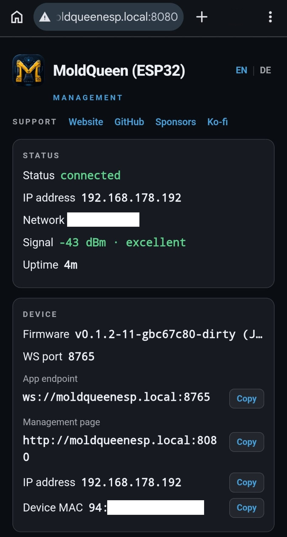 The ESP32 status and management page open at moldqueenesp.local:8080