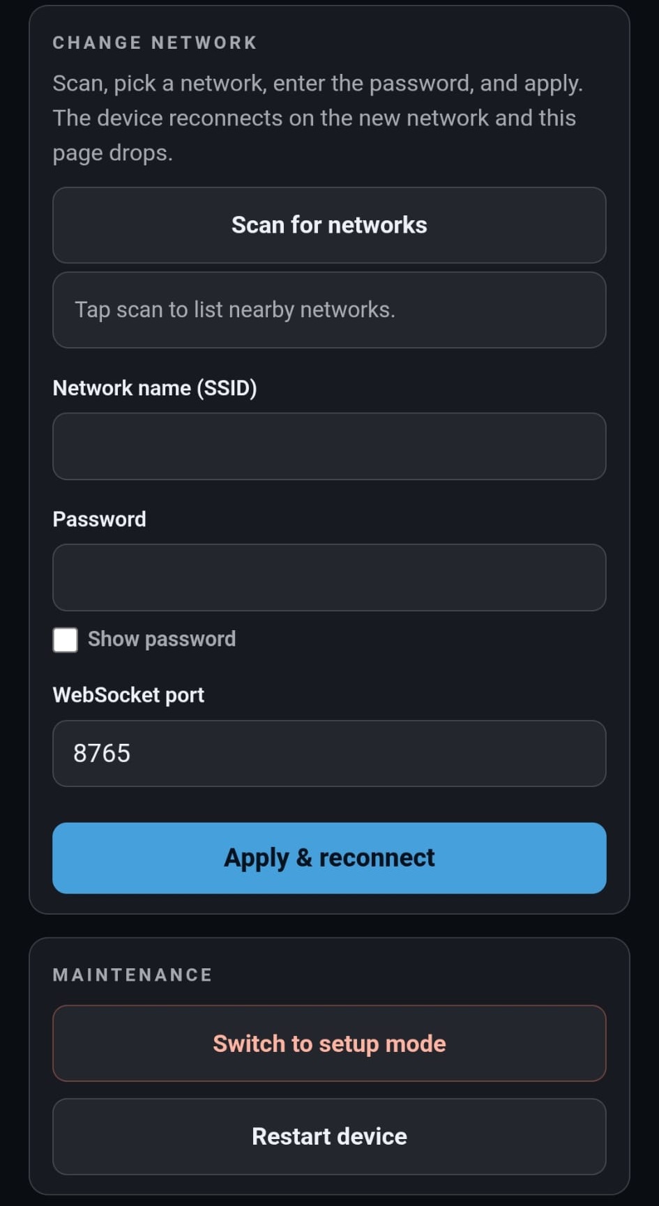 The management page cards: status, restart, switch to setup, change network