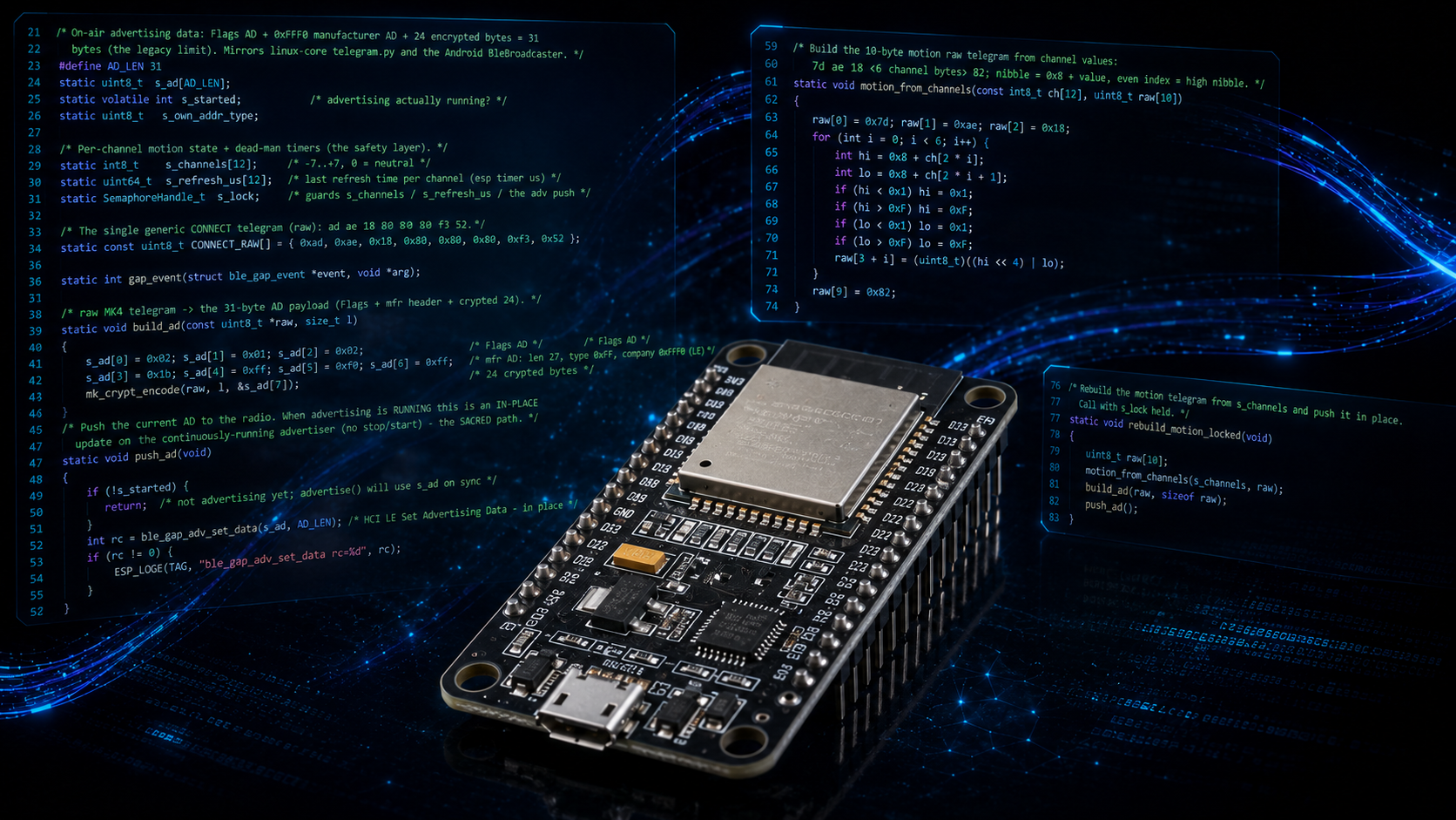 An ESP32-S3 board running the moldqueen radio core, with code