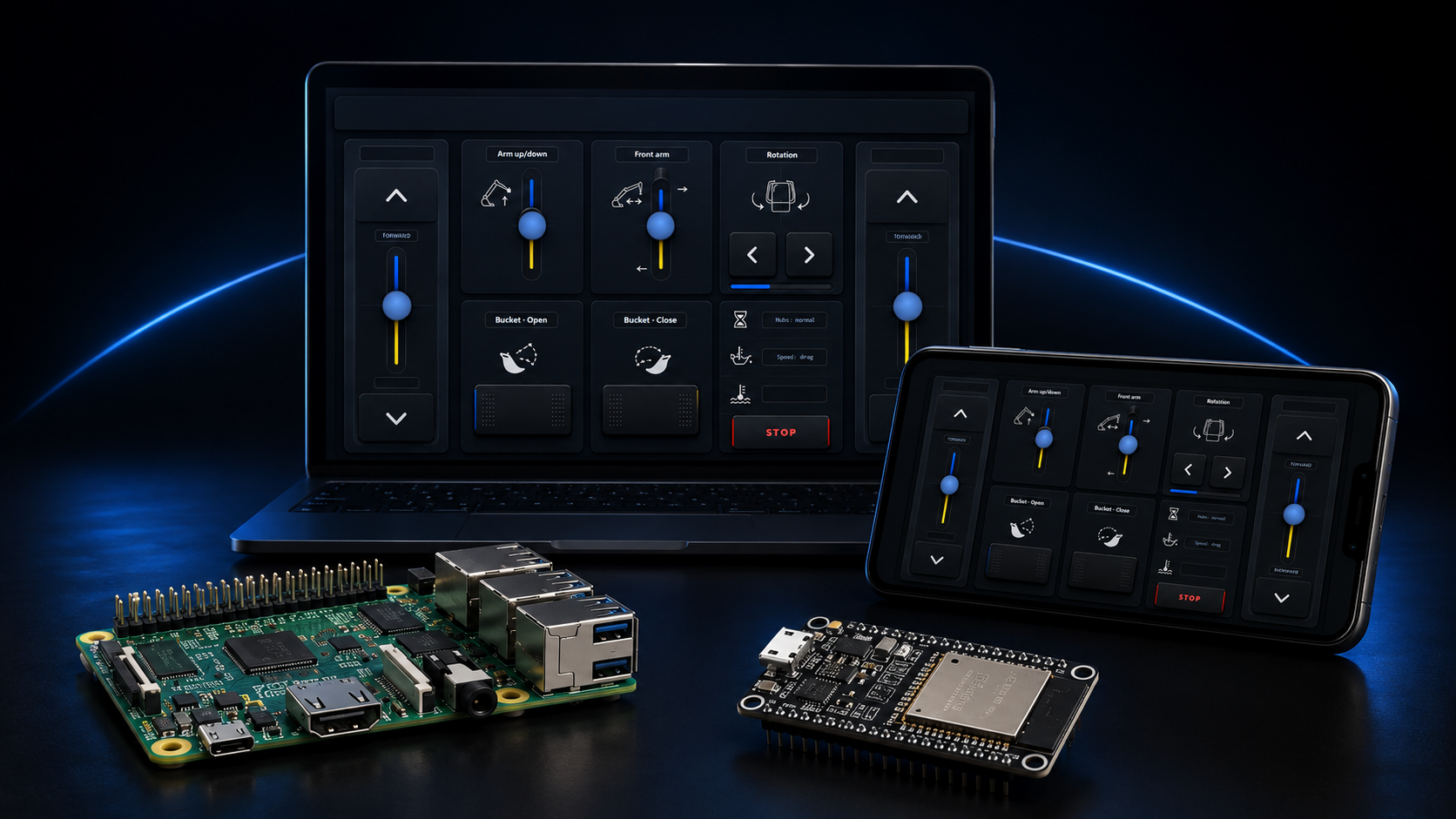 moldqueen running on a laptop, a tablet, a Raspberry Pi and an ESP32 board