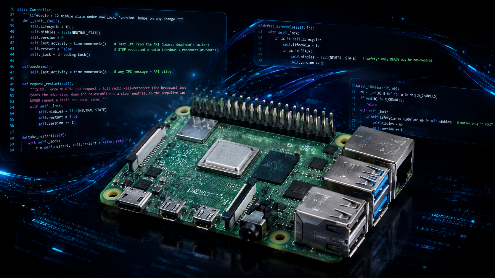 A Raspberry Pi running the moldqueen radio core, with code