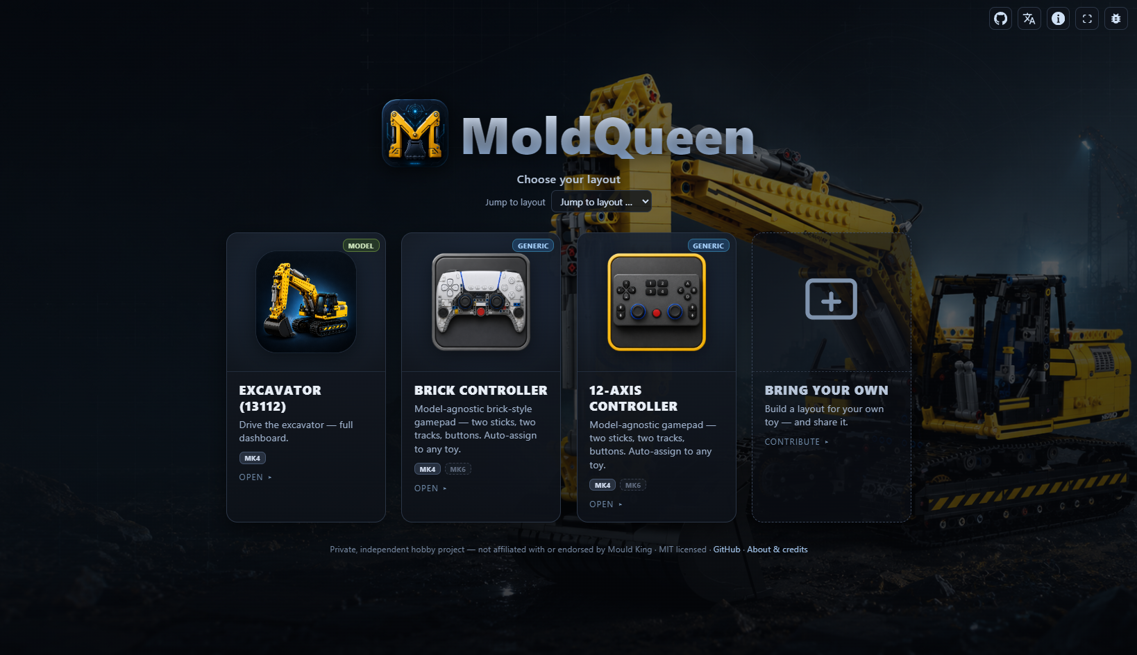 The moldqueen startpage, a chooser of layout cards